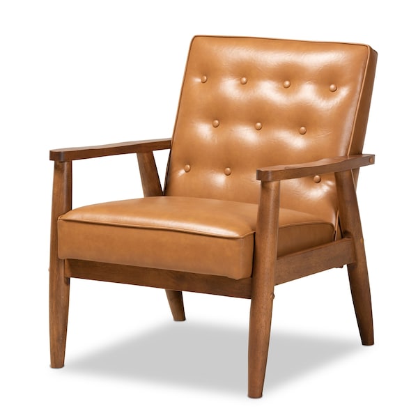 Baxton Studio Sorrento Mid-Century Modern Tan Faux Leather and Walnut Brown Finished Wood Lounge Chair - 175-10977-ZORO