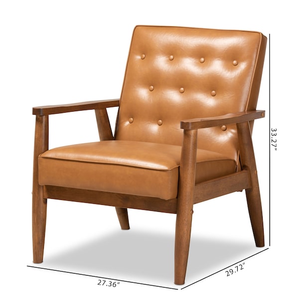 Baxton Studio Sorrento Mid-Century Modern Tan Faux Leather and Walnut Brown Finished Wood Lounge Chair - 175-10977-ZORO