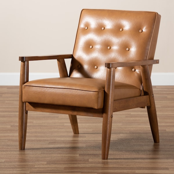 Baxton Studio Sorrento Mid-Century Modern Tan Faux Leather and Walnut Brown Finished Wood Lounge Chair - 175-10977-ZORO