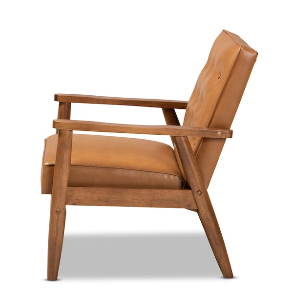 Baxton Studio Sorrento Mid-Century Modern Tan Faux Leather and Walnut Brown Finished Wood Lounge Chair - 175-10977-ZORO