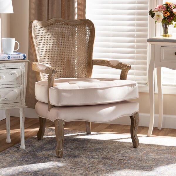 Baxton Studio Vallea Beige Velvet Upholstered White-Washed Oak Wood Armchair - 156-9494