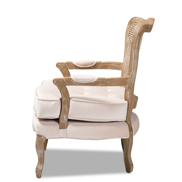 Baxton Studio Vallea Beige Velvet Upholstered White-Washed Oak Wood Armchair - 156-9494