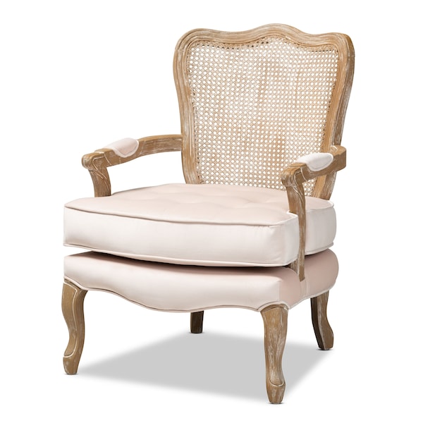 Baxton Studio Vallea Beige Velvet Upholstered White-Washed Oak Wood Armchair - 156-9494