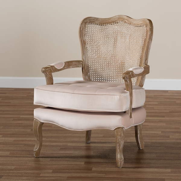 Baxton Studio Vallea Beige Velvet Upholstered White-Washed Oak Wood Armchair - 156-9494
