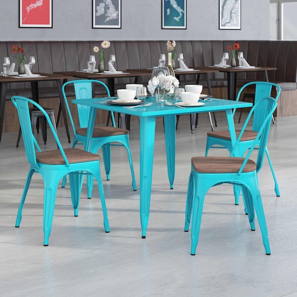 Flash Furniture Crystal Teal-Blue Metal Stackable Chair with Wood Seat - 4-ET-3534-CB-WD-GG