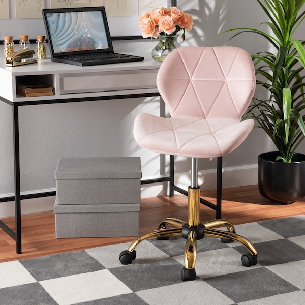 Baxton Studio Savara Contemporary Glam and Luxe Blush Pink Velvet Fabric and Gold Metal Swivel Office Chair - 219-11909-ZORO