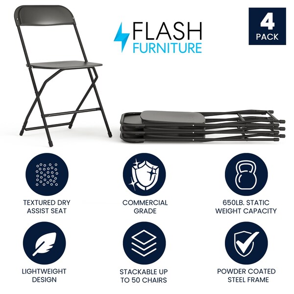 Flash Furniture Folding Chair - Black Plastic - 4 Pack - 4-LE-L-3-BK-GG