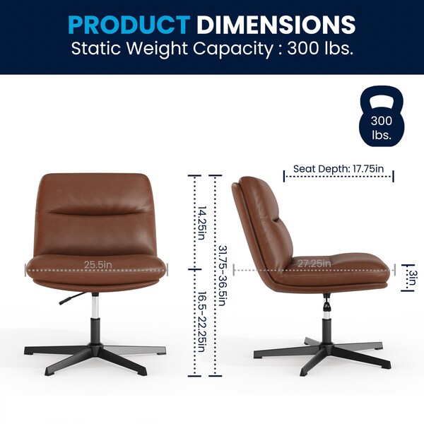 Flash Furniture Chloe Wide Mid-Back Cognac Padded LeatherSoft Armless Office Chair, Swivel Function, Black Frame - CH-232196-CGN-BK-GG