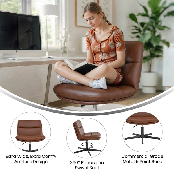 Flash Furniture Chloe Wide Mid-Back Cognac Padded LeatherSoft Armless Office Chair, Swivel Function, Black Frame - CH-232196-CGN-BK-GG