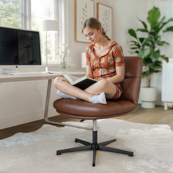 Flash Furniture Chloe Wide Mid-Back Cognac Padded LeatherSoft Armless Office Chair, Swivel Function, Black Frame - CH-232196-CGN-BK-GG