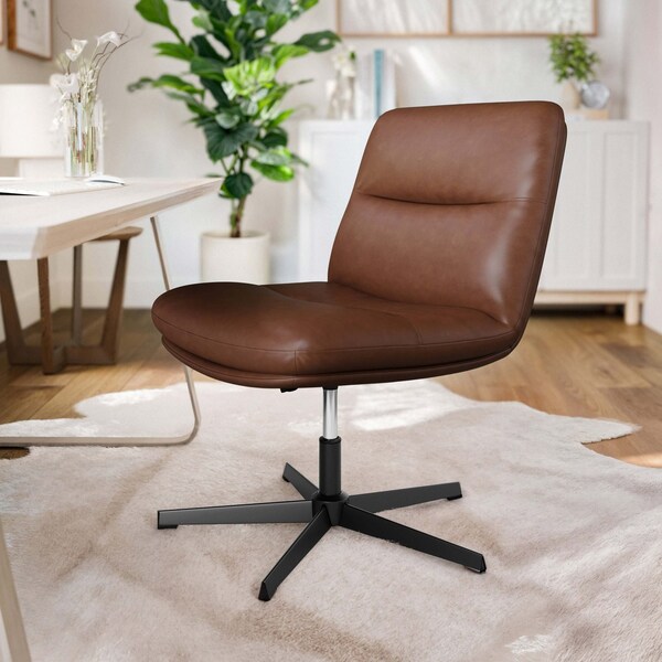 Flash Furniture Chloe Wide Mid-Back Cognac Padded LeatherSoft Armless Office Chair, Swivel Function, Black Frame - CH-232196-CGN-BK-GG