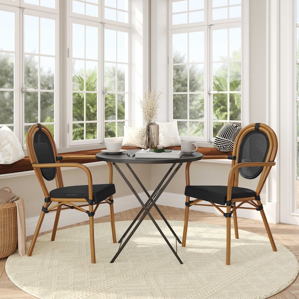 Flash Furniture Marseille Thonet French Bistro Stacking Chair w/Arms, Black Textilene/Bamboo Print Alum Frame, 2PK - 2-SDA-AD642002A-TXT-BK-NAT-GG