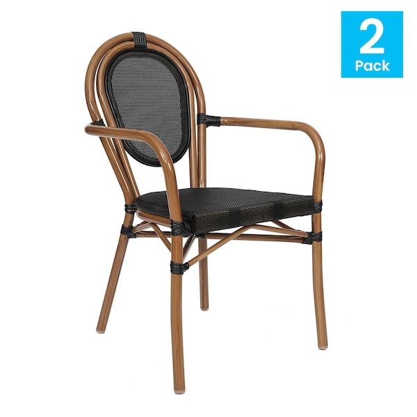 Flash Furniture Marseille Thonet French Bistro Stacking Chair w/Arms, Black Textilene/Bamboo Print Alum Frame, 2PK - 2-SDA-AD642002A-TXT-BK-NAT-GG