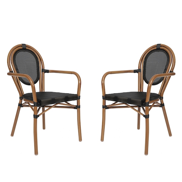 Flash Furniture Marseille Thonet French Bistro Stacking Chair w/Arms, Black Textilene/Bamboo Print Alum Frame, 2PK - 2-SDA-AD642002A-TXT-BK-NAT-GG
