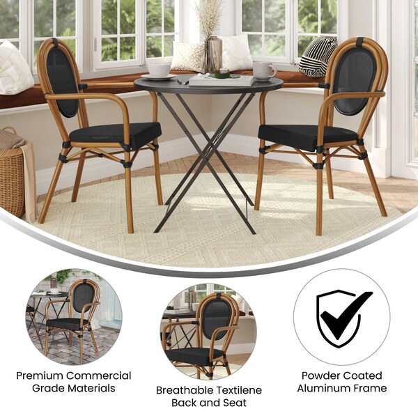 Flash Furniture Marseille Thonet French Bistro Stacking Chair w/Arms, Black Textilene/Bamboo Print Alum Frame, 2PK - 2-SDA-AD642002A-TXT-BK-NAT-GG