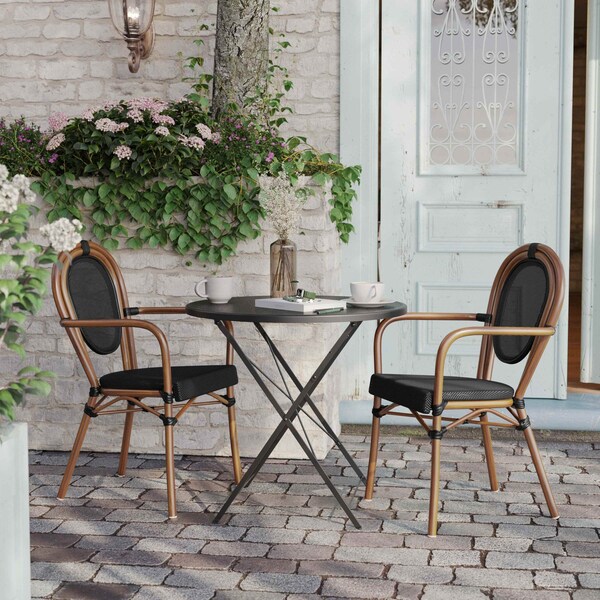 Flash Furniture Marseille Thonet French Bistro Stacking Chair w/Arms, Black Textilene/Bamboo Print Alum Frame, 2PK - 2-SDA-AD642002A-TXT-BK-NAT-GG