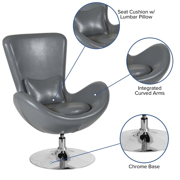 Flash Furniture Egg Side Reception Chair, Gray LeatherSoft Seat, Gray Back, 30 W 30" L 38 H, Integrated Curved - CH-162430-GY-LEA-GG