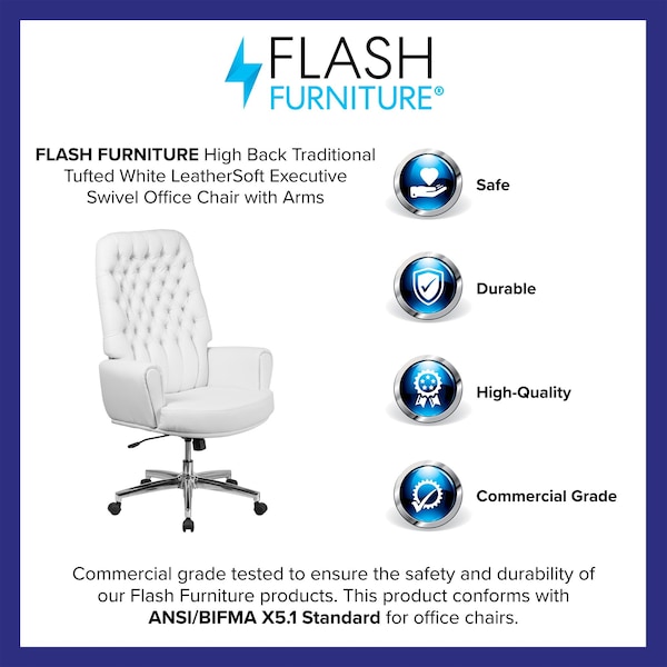 Flash Furniture Executive Chair Fixed Arms, 18-3/4" to 21-1/2" Height, Leather, White - BT-444-WH-GG