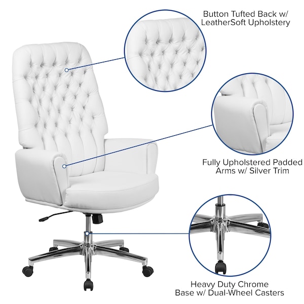 Flash Furniture Executive Chair Fixed Arms, 18-3/4" to 21-1/2" Height, Leather, White - BT-444-WH-GG