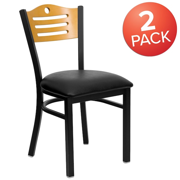 Flash Furniture Black Slat Back Metal Chair, Natural Wood Back, Black Vinyl Seat, PK2 - 2-XU-DG-6G7B-SLAT-BLKV-GG