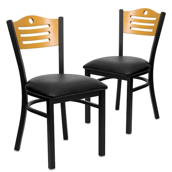 Flash Furniture Black Slat Back Metal Chair, Natural Wood Back, Black Vinyl Seat, PK2 - 2-XU-DG-6G7B-SLAT-BLKV-GG