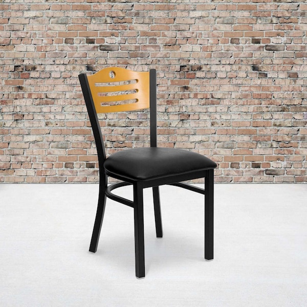 Flash Furniture Black Slat Back Metal Chair, Natural Wood Back, Black Vinyl Seat, PK2 - 2-XU-DG-6G7B-SLAT-BLKV-GG