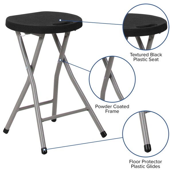 Flash Furniture Foldable Stool with Black Plastic Seat and Titanium Frame - 2-DAD-YCD-30-GG
