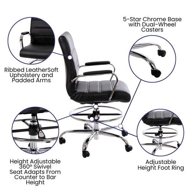 Flash Furniture Black LeatherSoft Drafting Chair with Foot Ring - GO-2286B-BK-GG