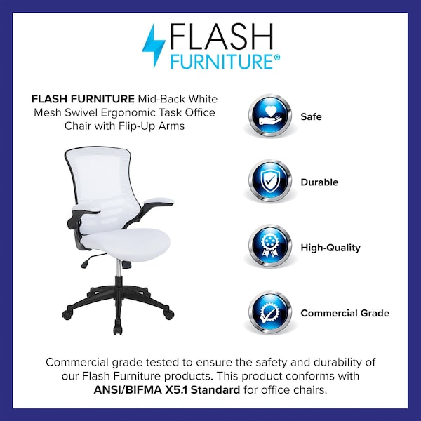 Flash Furniture Desk Chair White Mesh Mid-Back Desk Chair, Foam, Mesh, Metal, Plastic, Plywood, White Mesh - BL-X-5M-WH-GG