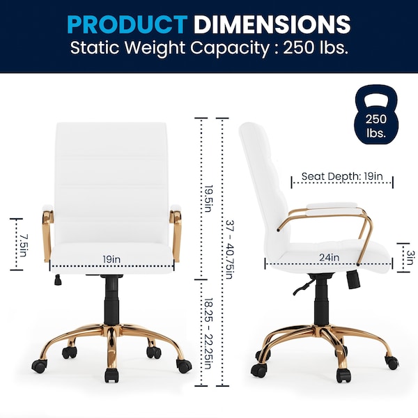 Flash Furniture Mid-Back White Leather Swivel Office Chair with Gold Frame and Arms - GO-2286M-WH-GLD-GG