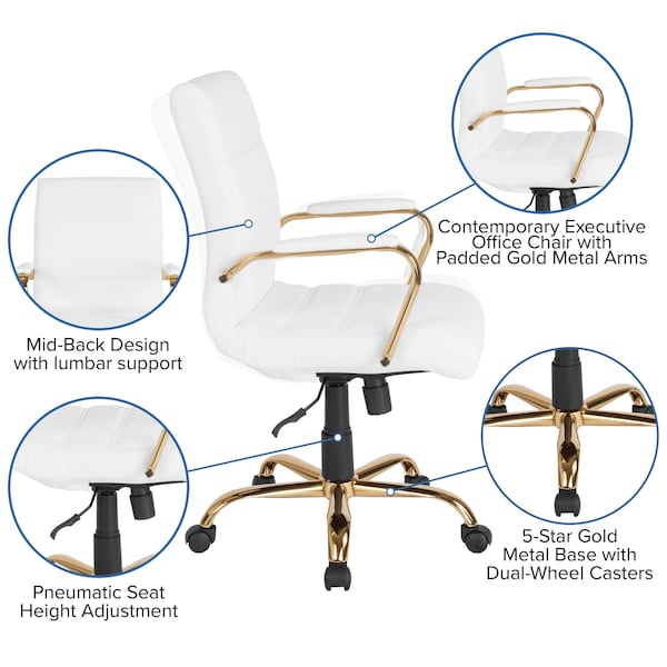 Flash Furniture Mid-Back White Leather Swivel Office Chair with Gold Frame and Arms - GO-2286M-WH-GLD-GG