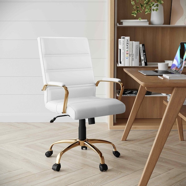Flash Furniture Mid-Back White Leather Swivel Office Chair with Gold Frame and Arms - GO-2286M-WH-GLD-GG