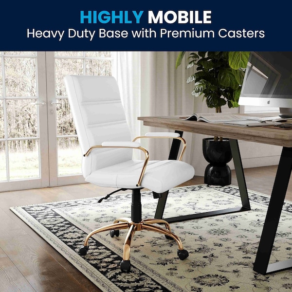 Flash Furniture Mid-Back White Leather Swivel Office Chair with Gold Frame and Arms - GO-2286M-WH-GLD-GG