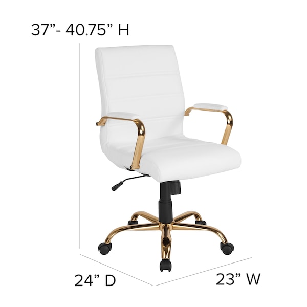 Flash Furniture Mid-Back White Leather Swivel Office Chair with Gold Frame and Arms - GO-2286M-WH-GLD-GG
