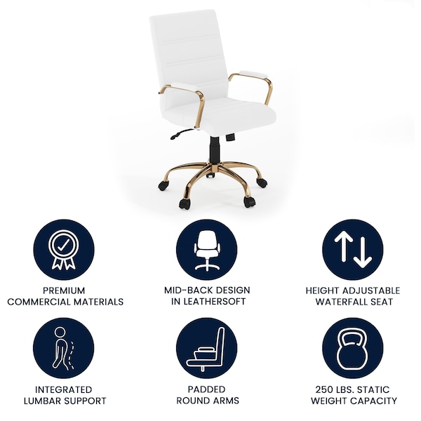 Flash Furniture Mid-Back White Leather Swivel Office Chair with Gold Frame and Arms - GO-2286M-WH-GLD-GG