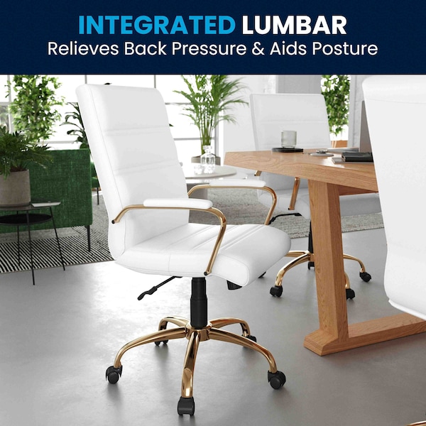Flash Furniture Mid-Back White Leather Swivel Office Chair with Gold Frame and Arms - GO-2286M-WH-GLD-GG