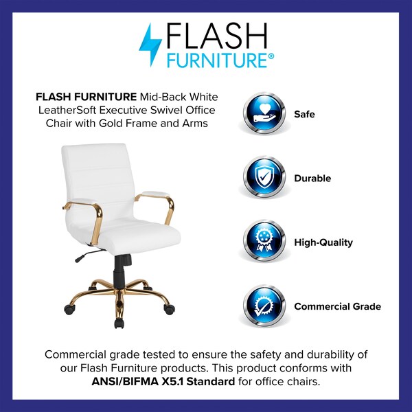 Flash Furniture Mid-Back White Leather Swivel Office Chair with Gold Frame and Arms - GO-2286M-WH-GLD-GG