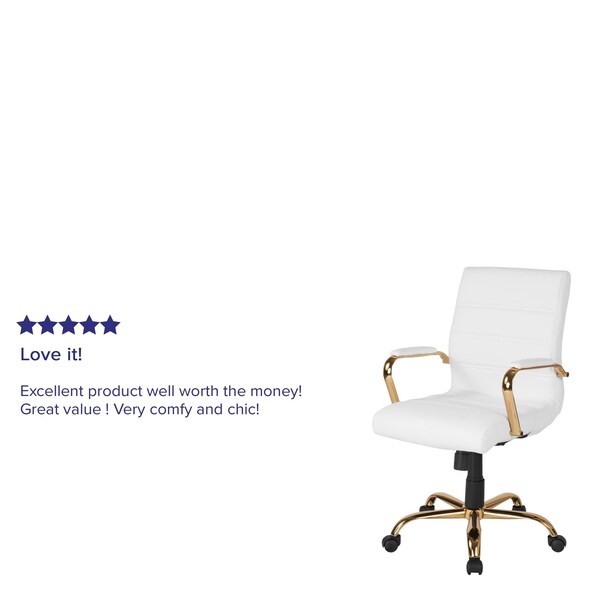 Flash Furniture Mid-Back White Leather Swivel Office Chair with Gold Frame and Arms - GO-2286M-WH-GLD-GG