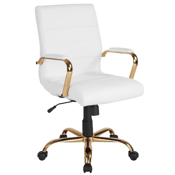 Flash Furniture Mid-Back White Leather Swivel Office Chair with Gold Frame and Arms - GO-2286M-WH-GLD-GG