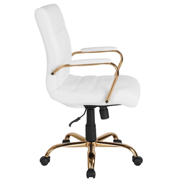 Flash Furniture Mid-Back White Leather Swivel Office Chair with Gold Frame and Arms - GO-2286M-WH-GLD-GG
