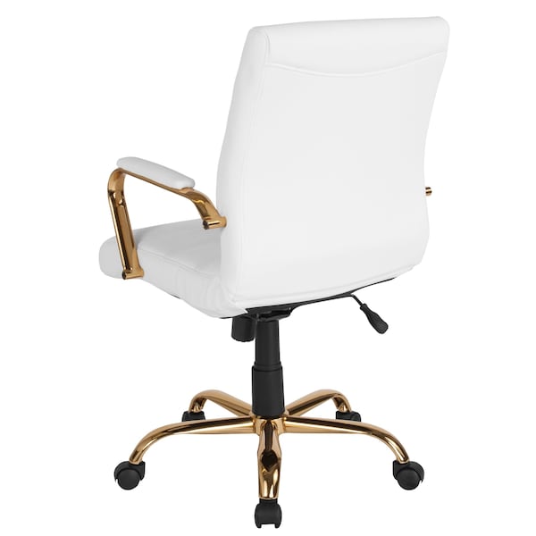Flash Furniture Mid-Back White Leather Swivel Office Chair with Gold Frame and Arms - GO-2286M-WH-GLD-GG