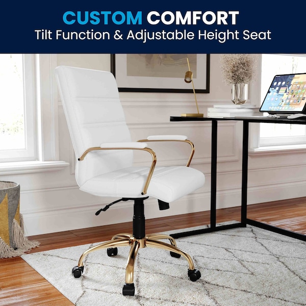 Flash Furniture Mid-Back White Leather Swivel Office Chair with Gold Frame and Arms - GO-2286M-WH-GLD-GG