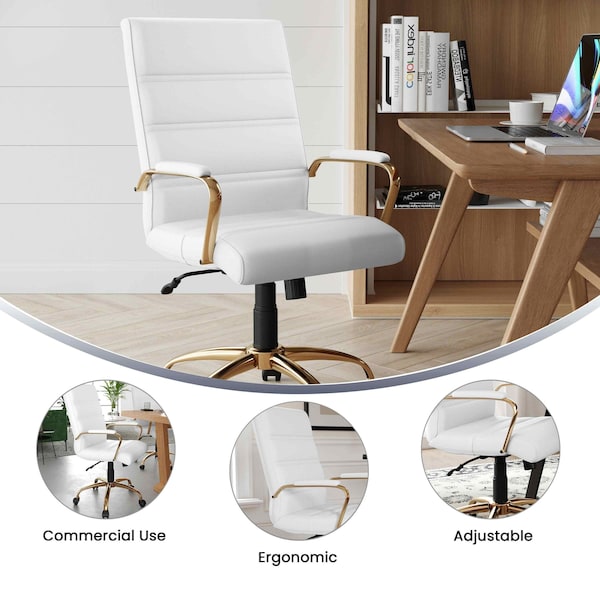 Flash Furniture Mid-Back White Leather Swivel Office Chair with Gold Frame and Arms - GO-2286M-WH-GLD-GG