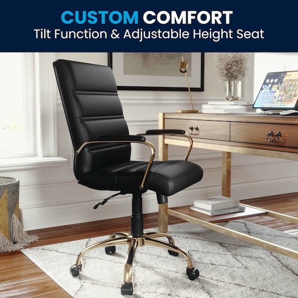 Flash Furniture Black Leather Gold Frame Mid-Back Chair - GO-2286M-BK-GLD-GG