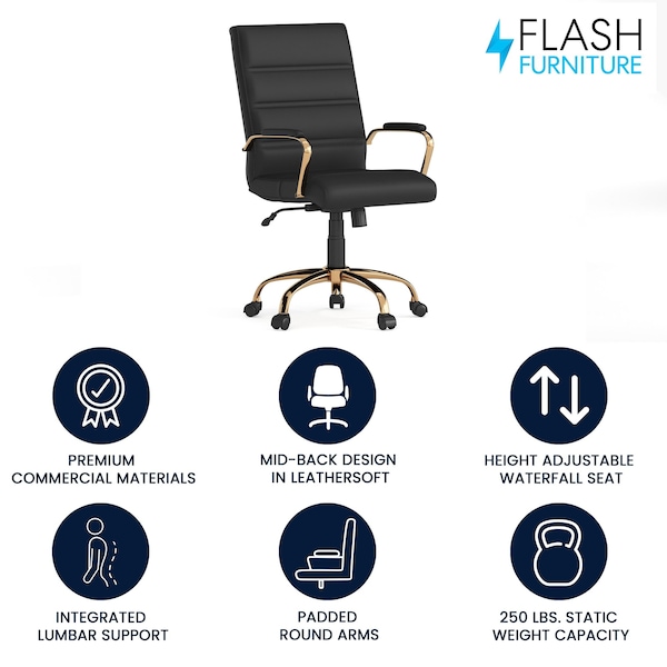 Flash Furniture Black Leather Gold Frame Mid-Back Chair - GO-2286M-BK-GLD-GG