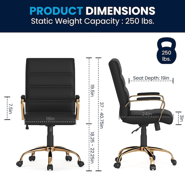 Flash Furniture Black Leather Gold Frame Mid-Back Chair - GO-2286M-BK-GLD-GG