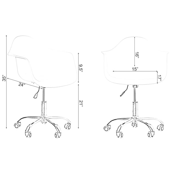 Fabulaxe Mid-Century Modern Style Adjustable Swivel Plastic Shell Molded Office Task Chair w/ Rolling Wheels, White - QI003751.WT