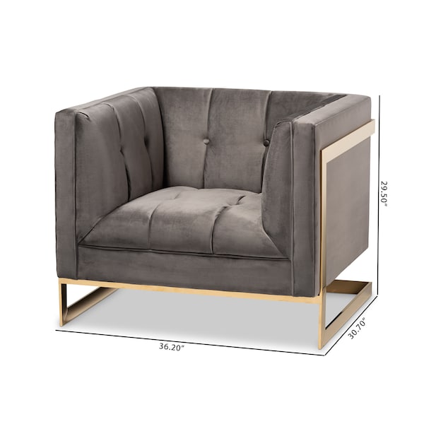 Baxton Studio Ambra Grey Velvet Upholstered and Tufted Armchair with Gold-Tone Frame - 156-8867