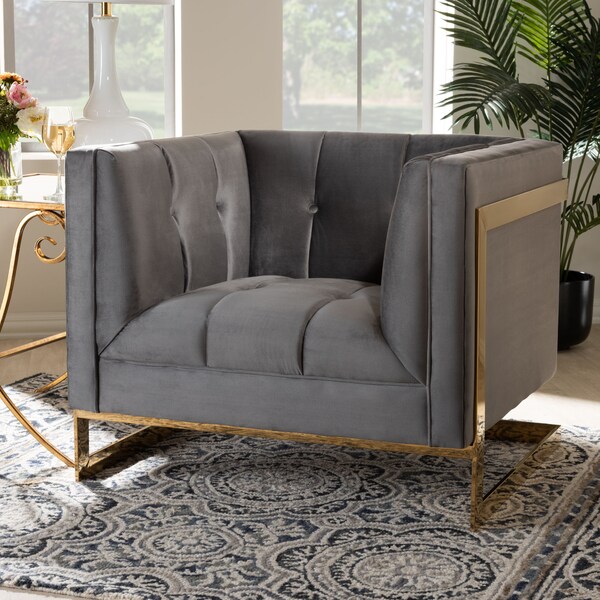 Baxton Studio Ambra Grey Velvet Upholstered and Tufted Armchair with Gold-Tone Frame - 156-8867