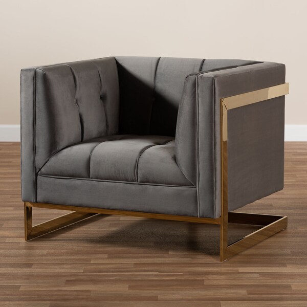 Baxton Studio Ambra Grey Velvet Upholstered and Tufted Armchair with Gold-Tone Frame - 156-8867